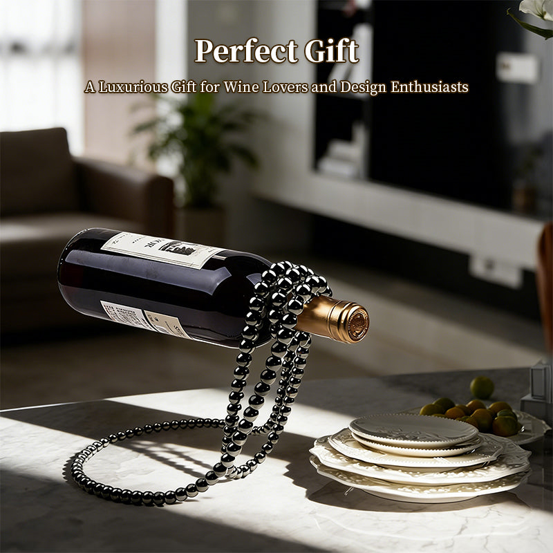 Metal Wine Rack with Pearl Necklace Design, Creative Magic Floating Wine Bottle Holder, Home Desktop Decor Display Stand